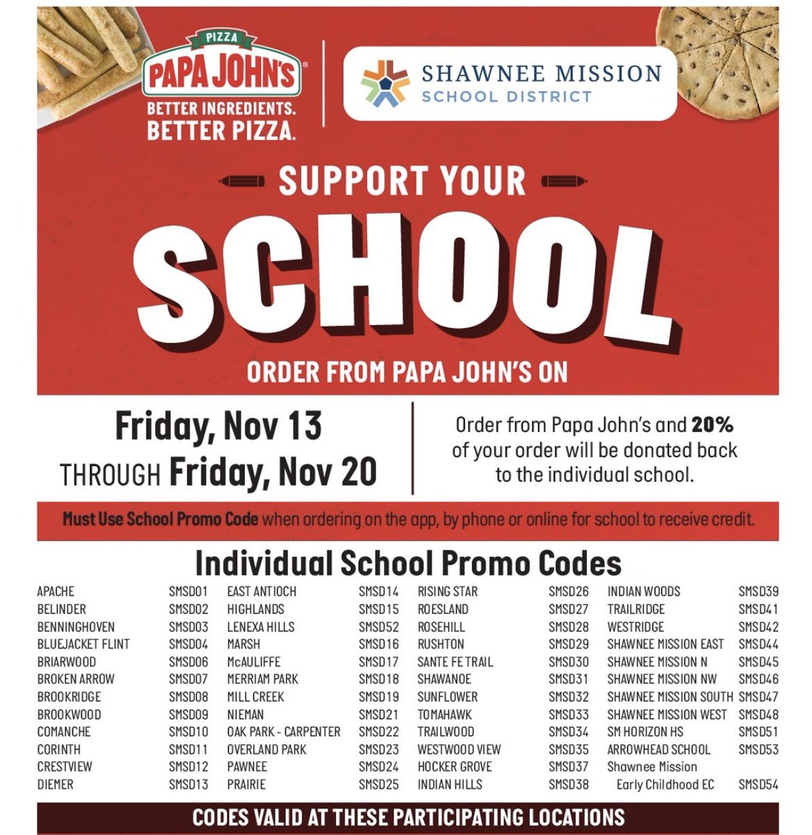IwmsPta's tweet image. Papa John’s SMSD Fundraiser – Nov. 13-20
Order from Papa John’s and 20% of your order will be donated back to Indian Woods! Please use code SMSD39 when ordering on the app, by phone or online for IW to receive credit.  #iwmspta #papajohns #iwmswolves