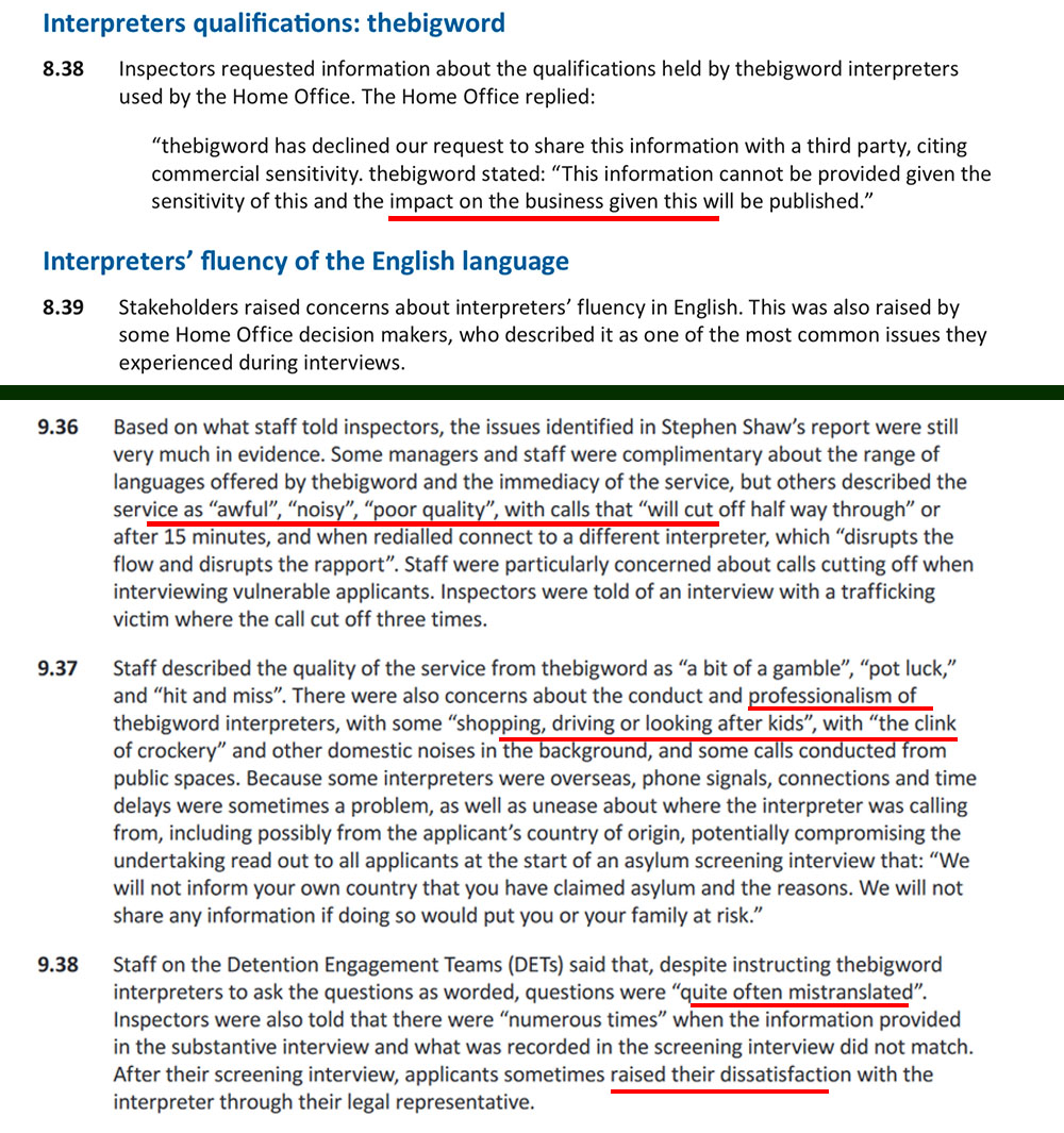 zaf1111's tweet image. #thebigword refused to help #ICIBI&apos;s inspection of the Home Office language service provisions by refusing to say what qualifications its interpreters held, citing impact on business. However we get a pretty good idea by reading the report&apos;s findings. assets.publishing.service.gov.uk/government/upl…