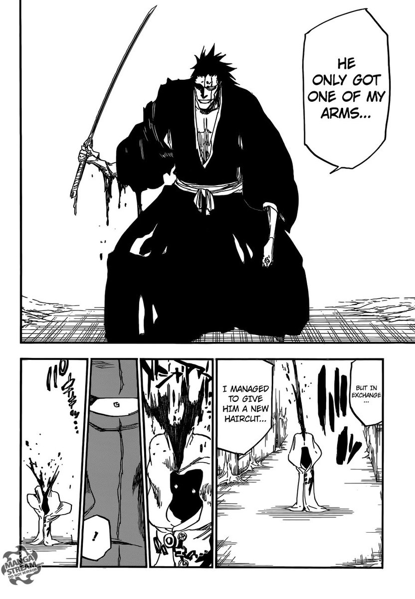 Zaraki perd contre pernida qui attaque à « distance » , ce qui a perdu Zaraki est son manque de réflexion (chose qui le trahirait contre Byakuya)
