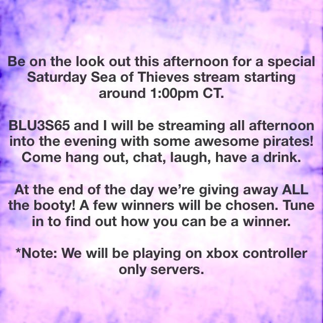 TinkerHell1020's tweet image. HAPPY SATURDAY YOU BEAUTIFUL PEOPLE!!

Come hang out with me and @BLU3S65 today!

Twitch.tv/TinkerHell1020
Twitch.tv/Blu3sy

#SmallStreamer #SaturdayStream #SpecialEvent #BootyGiveaway #LetsBePirates #SeaOfThieves #TeamRumDumbs #DrinkWithTink