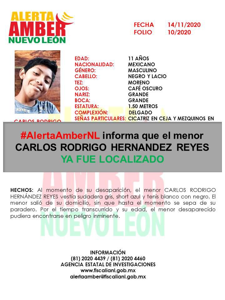 FiscaliaNL's tweet photo. ¡Muchas gracias por tu colaboración! Se ya localizado al menor Carlos Rodrigo Hernández Reyes en aparente buen estado de salud. Fue identificado por un ciudadano que dio aviso a las autoridades. Se desactiva la Alerta Amber. https://t.co/EvFOGlFYEk