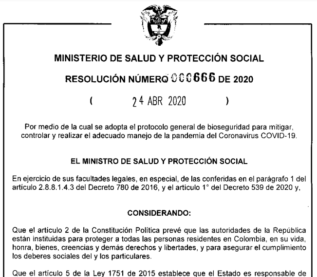 Colombian Government lock-down document (April 2020) from govt website:  https://id.presidencia.gov.co/Documents/200424-Resolucion-666-MinSalud.pdf