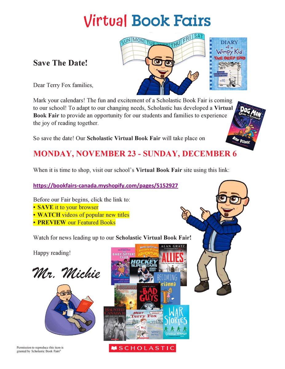 🚀All systems are GO!!! Our Scholastic VIRTUAL Book Fair is happening! It begins MON, NOV 23. All the excitement of a traditional book fair but from the comfort of your own home🏠. Check out the info below &amp; STAY TUNED for more details &amp; promotions!😍📚😎<a href="/TFTitans/">Terry Fox ES</a> #TFoxBookFair🤩