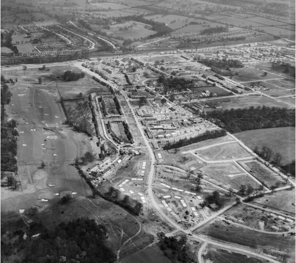 7/ The South Oxhey Estate, a London County Council 'out of county' estate created on land compulsorily purchased from the Blackwell (soup) family in 1944. Hayling Road to the left and a 1949 aerial shot of the same area under construction (via Britain from Above) to the right.