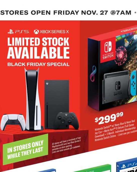 ShowtimePro4's tweet photo. Places to lookout for on Black Friday #PS5 #XboxSeriesX #XboxSeriesS 
11/22 BestBuy (Online No Time)
11/25 Walmart (Online 7pm) 
11/27 GameStop (In-store) https://t.co/aAZQvo6Ca7