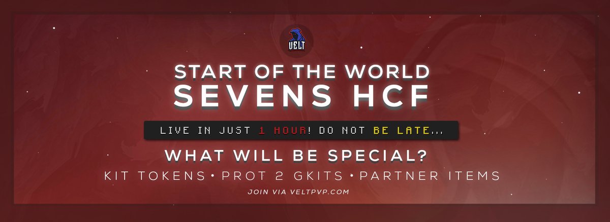 VeltPvP's tweet image. VeltPvP | SevensHCF 💥

★ Sevens SOTW will begin in 1 Hour!

• Faction: 7 Man
• SOTW Timer: 2 Hours

★ Features:
➥ Partner Items
➥ Kit Tokens

More Info:
📰 veltpvp.com/thread/2413/Se…

We're giving away the following:

🎁 Velt+ Rank (30 Day)

❤️, 🔄 and follow us to enter!