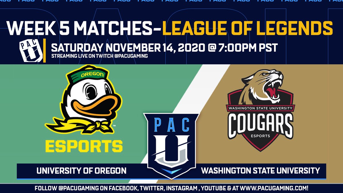 pacugaming's tweet photo. 📢 #LoL MATCH DAY 

It's #Cougs and #Ducks in #PacUGaming's
#LeagueofLegendsSaturdays

🎧 @WSUEsports 🆚 @UOEsports

⏰ Sat Nov 14  5pm (time change) 

📺 Catch the action on https://t.co/1qQcEjJoyb

#PacUGaming // 
#LegendsBeingBorn https://t.co/gfYaJxjnb2