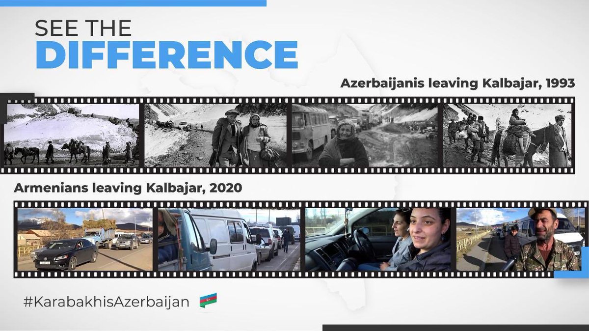 1993, #Azerbaijan/is expelled from their lands in winter. As they were feeling the violence of #Armenia/n military on foot, there wasn’t enough time to even put shoes on. 2020, #Armenia/ns are afforded more than enough time to pack their possessions and hit the road in the safety