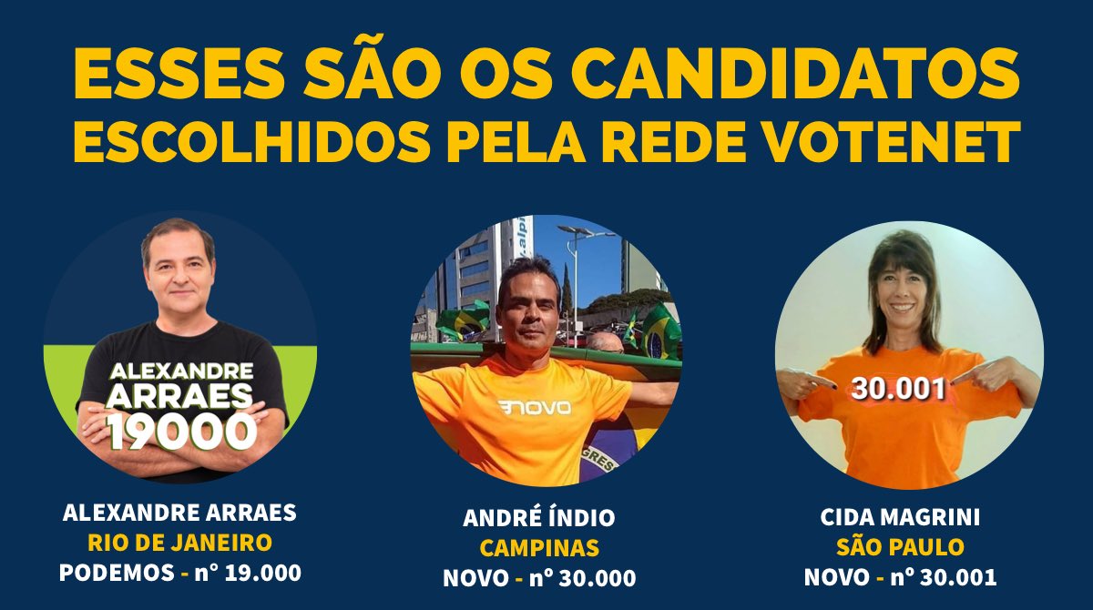 VoteNet's tweet photo. Depois de um processo que durou meses, os eleitores da rede VoteNet resolveram unir votos para eleger esses candidatos:

✅ Alexandre Arraes @arraesrj  - nº 19.000 - Rio de Janeiro

✅ André Índio - nº 30.000 - Campinas

✅ Cida Magrini @cidamagrininovo - nº 30.001 - São Paulo https://t.co/pgnnknw719