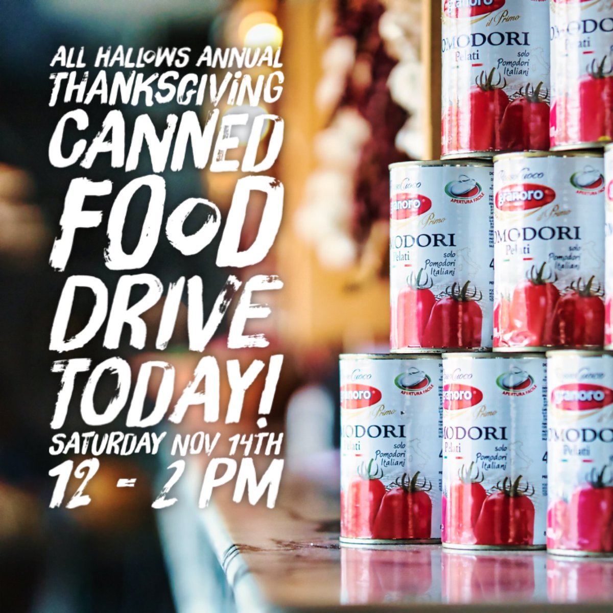 allhallowsarts's tweet photo. All Hallows Alums and friends: Bring your canned goods to the Walton Avenue doors! If you can’t come today, bring your donations to school anytime this week. This drive benefits the poor of our neighborhood. #allhallowsway #kindness #thanksgiving #thankful https://t.co/JwQ3WYs14J