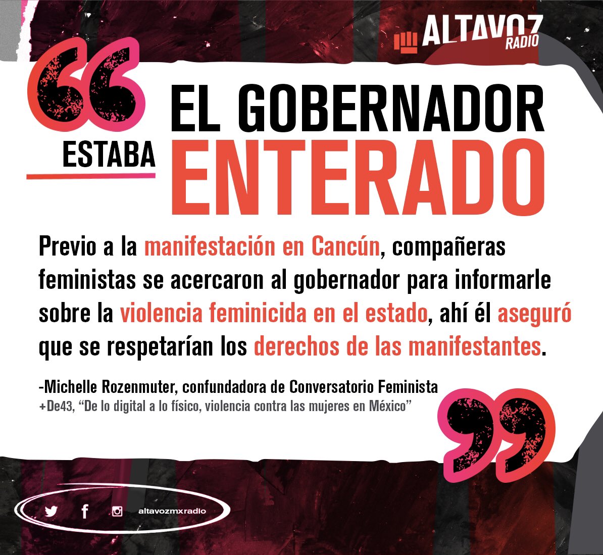 altavozmxradio's tweet photo. El gobernador del estado de Quintana Roo @CarlosJoaquin estaba enterado de la manifestación contra los feminicidios en Cancún, en una conversación previa aseguró que se respetarían los derechos de las manifestantes.

Escucha el testimonio en #MásDe43
👉https://t.co/C29vtpqTOq https://t.co/hlBFrBEUEn
