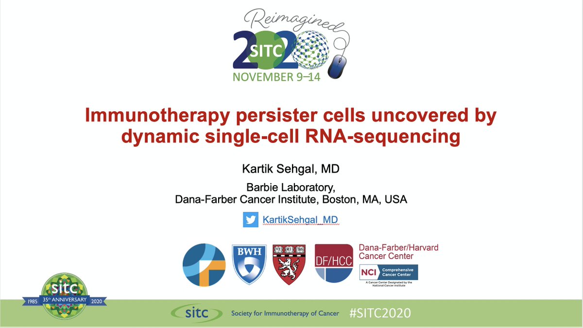 KartikSehgal_MD's tweet photo. Honored to present our work on Immunotherapy persister cells in context of resistance to PD-1 blockade (analogous to drug-tolerant persister cells for TKIs) @sitcancer meeting at 2:20 PM today (Sat, 11/14) #SITC2020 #DavidBarbie @DCcloudy @DanaFarberNews @harvardmed @IOYIForum https://t.co/FhiyzAamnV
