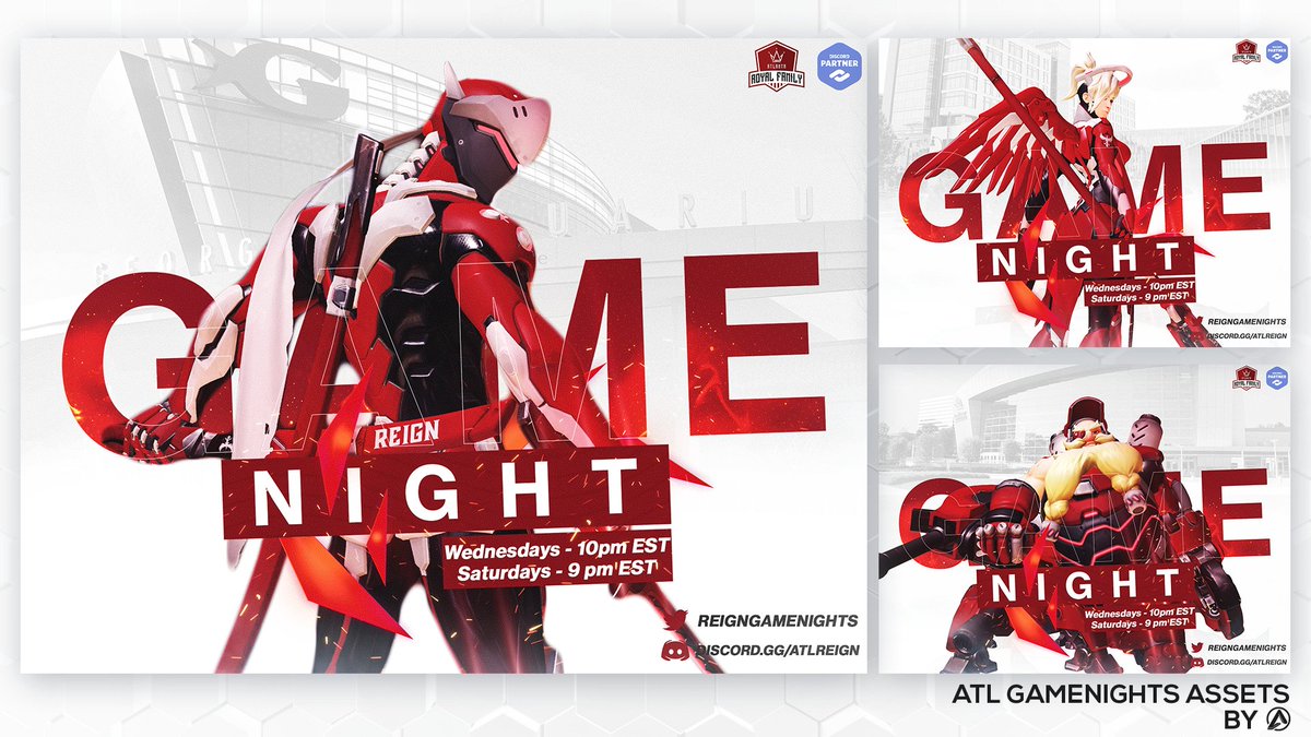 Gamenight announcement assets for Atlanta Reign Game Nights // <a href="/ReignGamenights/">Atlanta Reign Community Gamenights</a>.

Head on down to the official ATL Reign discord server to see more variations!

📩graphicaphyl.carbonmade.com
🌐DM to get your own!
