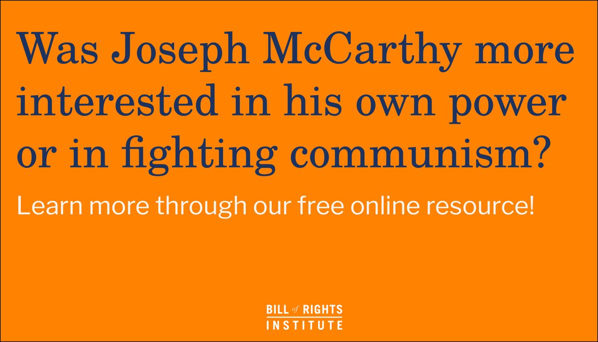 BRInstitute's tweet photo. Today in 1908, Senator Joseph McCarthy was born. In times of emergency or crisis, personal civil liberties can be at increased risk. Learn more about Senator McCarthy and his role in the “red scare” https://t.co/PCjT9nnsh5. #BRInstitute https://t.co/AcfEVZOXNX