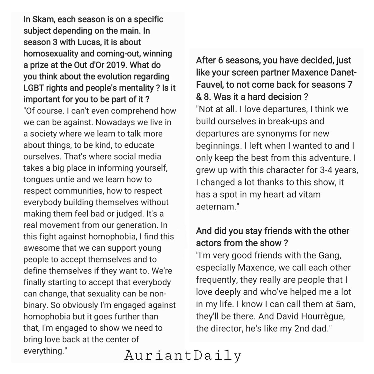 AuriantDaily's tweet photo. I had to put together some answers together for it to fit the 10 slides allowed on instagram, I hope everyone can still read clearly. Let me know if you have issues.

#axelauriant #apollomagazine #skamfrance https://t.co/M9fpVgDJ43