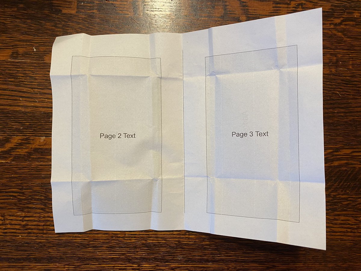 3/ After I had the folds figured out, I laid out a version, so I would know the placement of text. This is done on standard 8.5x11 printer paper