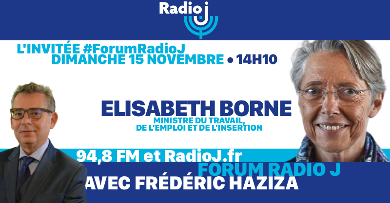 RadioJFrance's tweet photo. ⏰ Dimanche 15 novembre à 14h10 🎙 @Elisabeth_Borne, Ministre du Travail de l’Emploi et de l’Insertion sera au micro de @frhaz dans #ForumRadioJ

📻 A écouter sur Radio J 94,8 FM et https://t.co/oMFqQnMqGg

#COVID19 #chomage #emploi #télétravail #confinement #CriseSanitaire https://t.co/SUztsT6Vdm