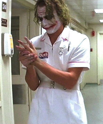 ledgenhaal's tweet image. joker wearing his mask properly and disinfecting his hands?? he was AHEAD of his time