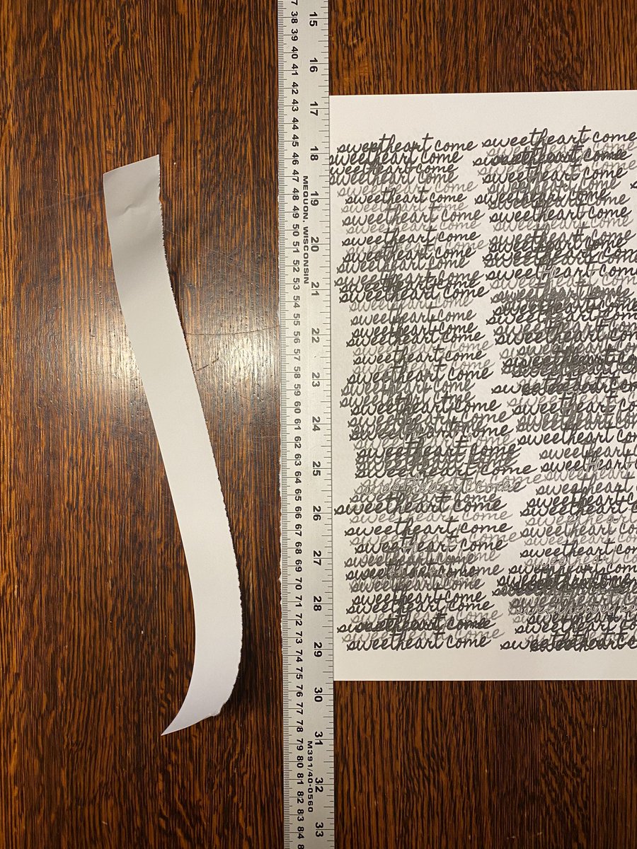 7/ after I printed the 13x19 sheet (double sided), I then used a steel ruler to trim the page. What I like about this step is that it creates uneven edges that are also not perfectly square. As a bonus, when staining the torn edge absorb more coffee, providing a darker border