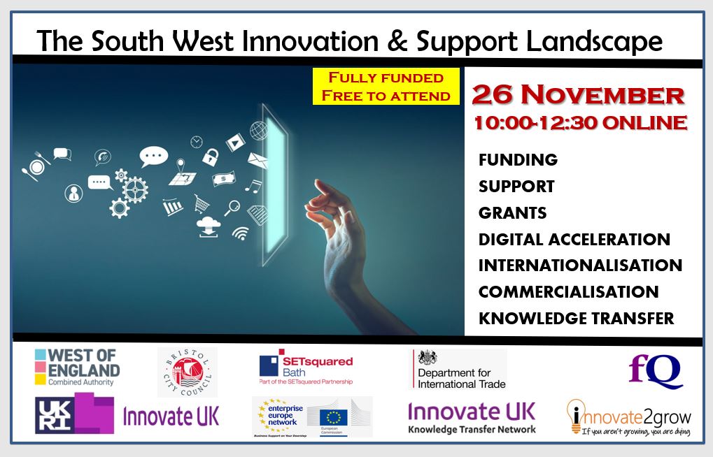 The innovation funding &amp; support landscape event in SW is back. Learn of insights from Innovate UK, Business West, Regional/Local Authorities, Uni of Bath Innovation, KTN/KTP &amp; new in 2020: Routes to Internationalise with Dept of Int'l Trade. Register: bit.ly/swinnofest