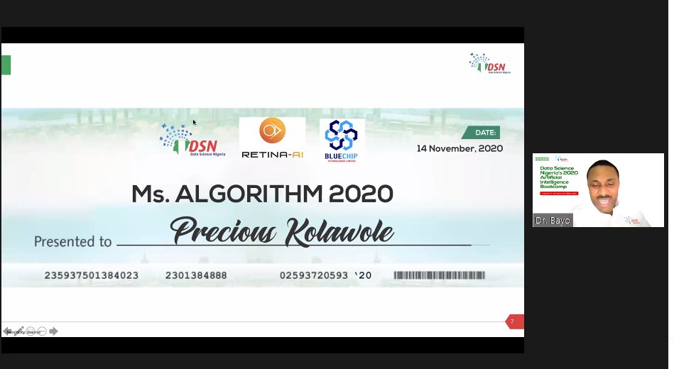 dsn_ai_network's tweet photo. Ms. Algorithm 2020 Award presented to Precious Kolawole -@TerragonGroup, @retina_ai, @BluechipTechNG. #DSN2020Bootcamp #AIBootcamp. Congratulations https://t.co/GnlhA6lx4d