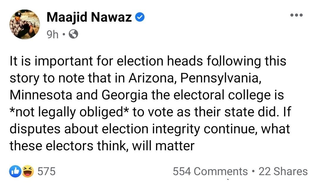 While Republicans at state level have dismissed idea they might overturn the popular vote, Nawaz technically correct that Democrat partisans selected by their state Dem party as Biden-Harris for President slate face no *legal* barrier in some states to not voting as pledged!