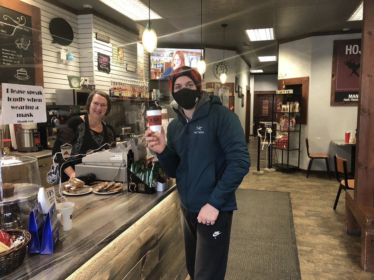 <a href="/mprice063/">Matt Price</a> &amp; I are doing the NW Ontario loop &amp; we couldn’t come through Kenora without stopping in to see Mel at <a href="/hojoes/">HoJoe Coffee</a> coffee! You can’t top the service, where the owners remember the name &amp; order of the last 3 TD Branch managers/DVP! @HaiderK_TD <a href="/Trevor_Rach/">Trevor Rachkowski</a> #supportlocal