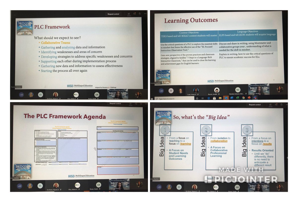 LauraAGonzale12's tweet photo. A special thanks to @PrestonMarthaJ &amp; @HISDMultiPrgms for the amazing 👩‍💻session titled- Critical Questions, Practical Answers: Using PLCs to ensure ELs Excel👶👧🍎. Lots of key takeaways. #ML2020Focus https://t.co/wieoQsvWwn