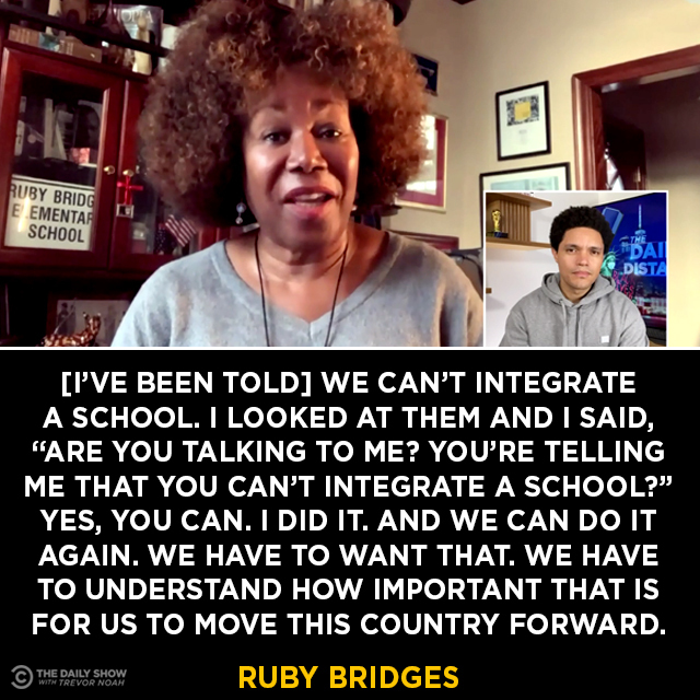 TheDailyShow's tweet photo. Sixty years ago today, Ruby Bridges made history by being the first Black child to desegregate her all-white elementary school in Louisiana.

School segregation persists in America, and Ruby remains committed to stamping it out. Full interview: https://t.co/wiUsAPXQUF https://t.co/qAZgBqsNpi