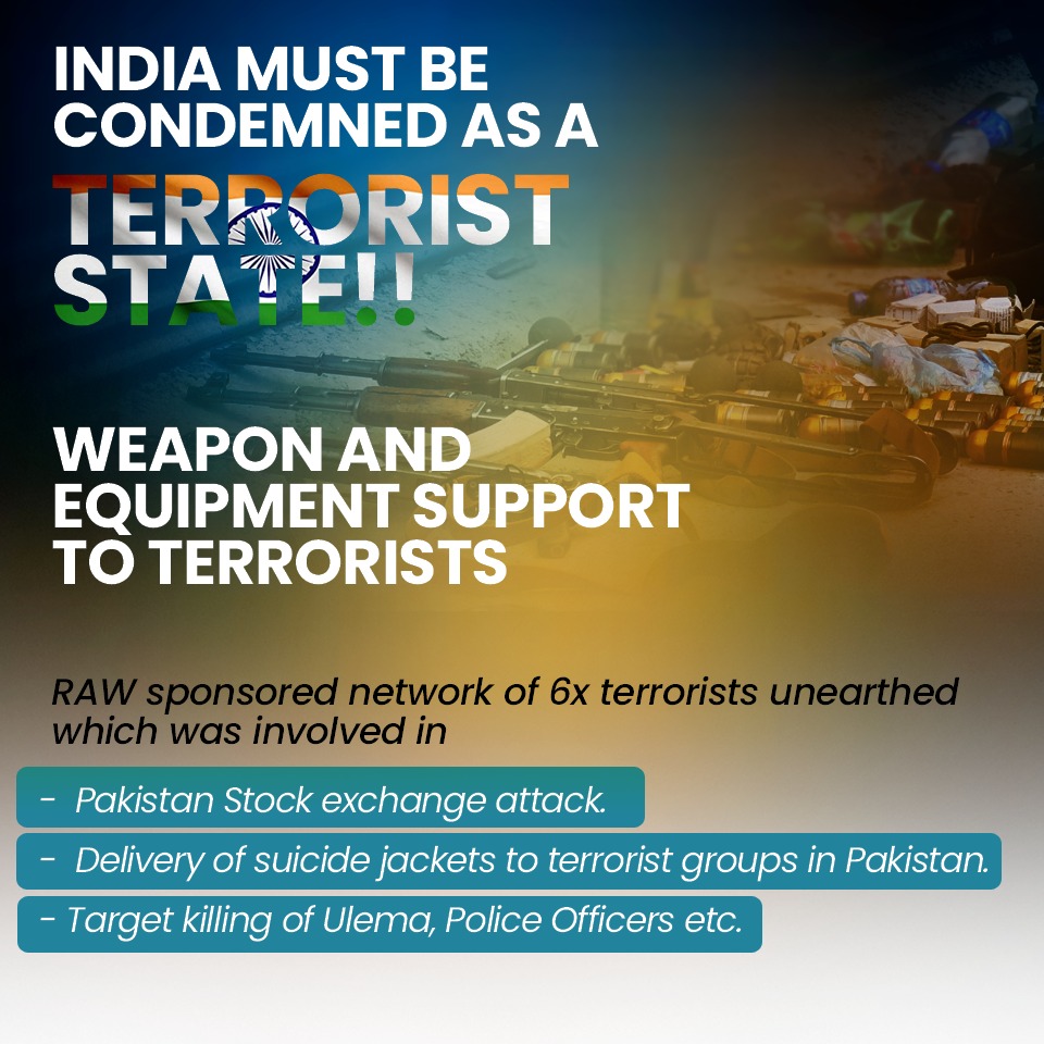 RAW sponsored network of 6x terrorists unearthed which was involved in - Pakistan Stock exchange attack.- Delivery of suicide jackets to terrorist groups in Pakistan. - Target killing of Ulema, Police Officers etc.(3)