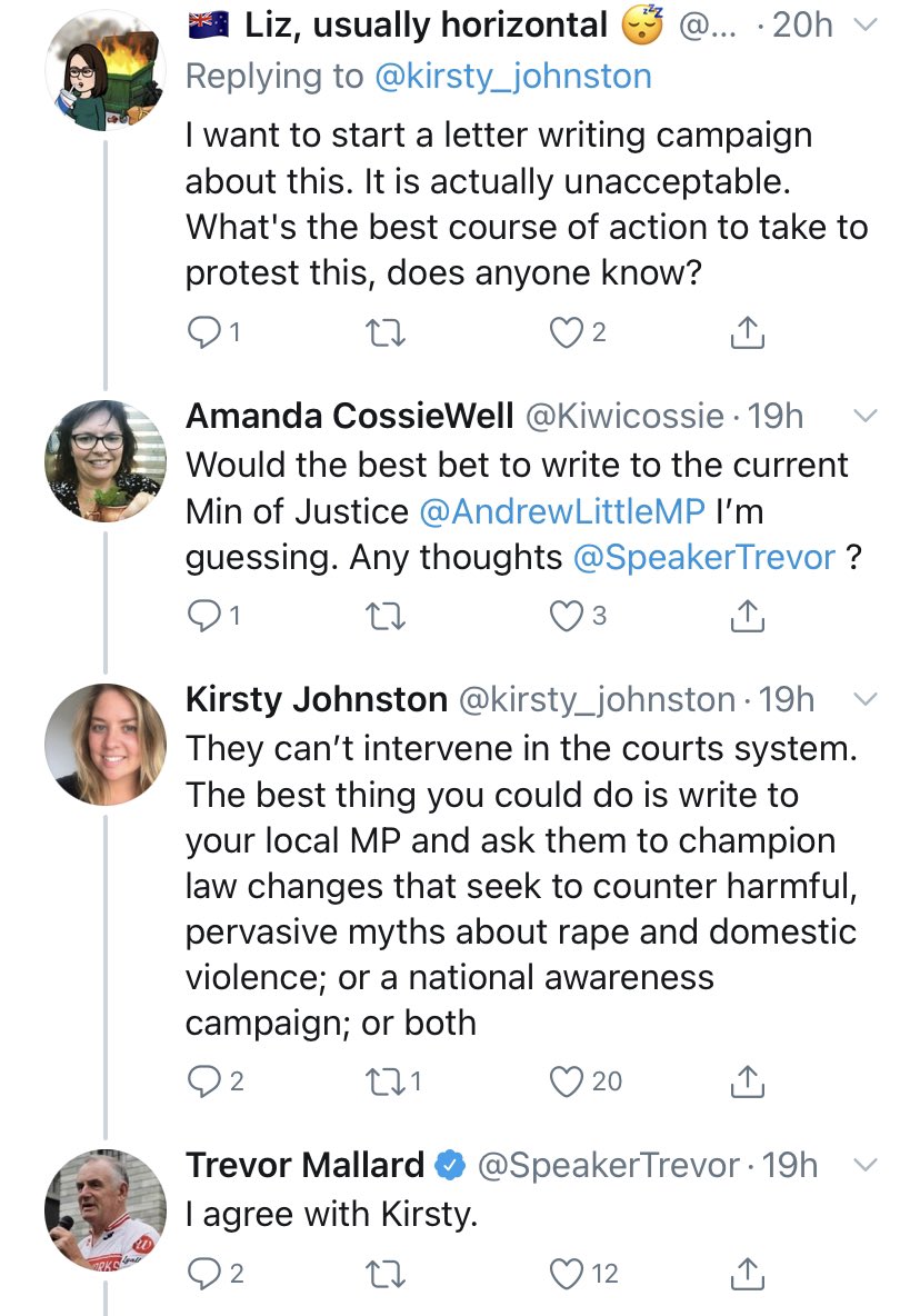 I’ll document any responses here, &, if on Twitter, tag the relevant MP so you can ask questions as constituents. To be clear, *it’s up to all of us to sort out* - it shouldn’t just be a hospital pass to  @MaramaDavidson, Minister for the Prevention of Family and Sexual Violence.
