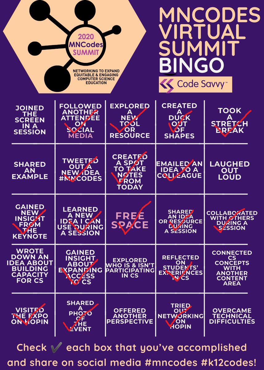 eyeleanking's tweet photo. Well, I didn't get every square filled in (no tech issues! yay!), but I did get more than one bingo? #mncodes #k12codes https://t.co/MpxJ8iHPNA