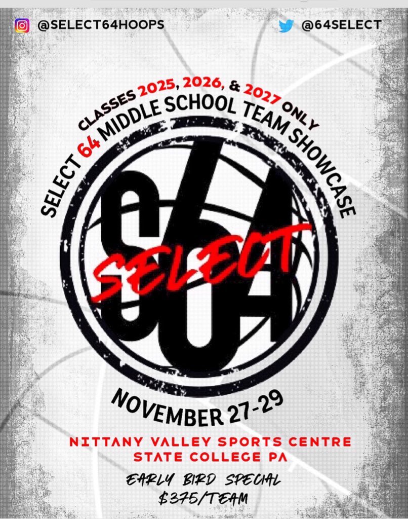 NYGHoops's tweet photo. TWO WEEKS AWAY FROM #SELECT64 

2020 #Select64 
Middle School Team Showcase 2025-2027 

📅 : NOV 27-29  
📍 : State College, PA 
🧮 : teams 2025-2027 
💻 : https://t.co/h11O6Mp3JK (REG). https://t.co/ejD5f260WM