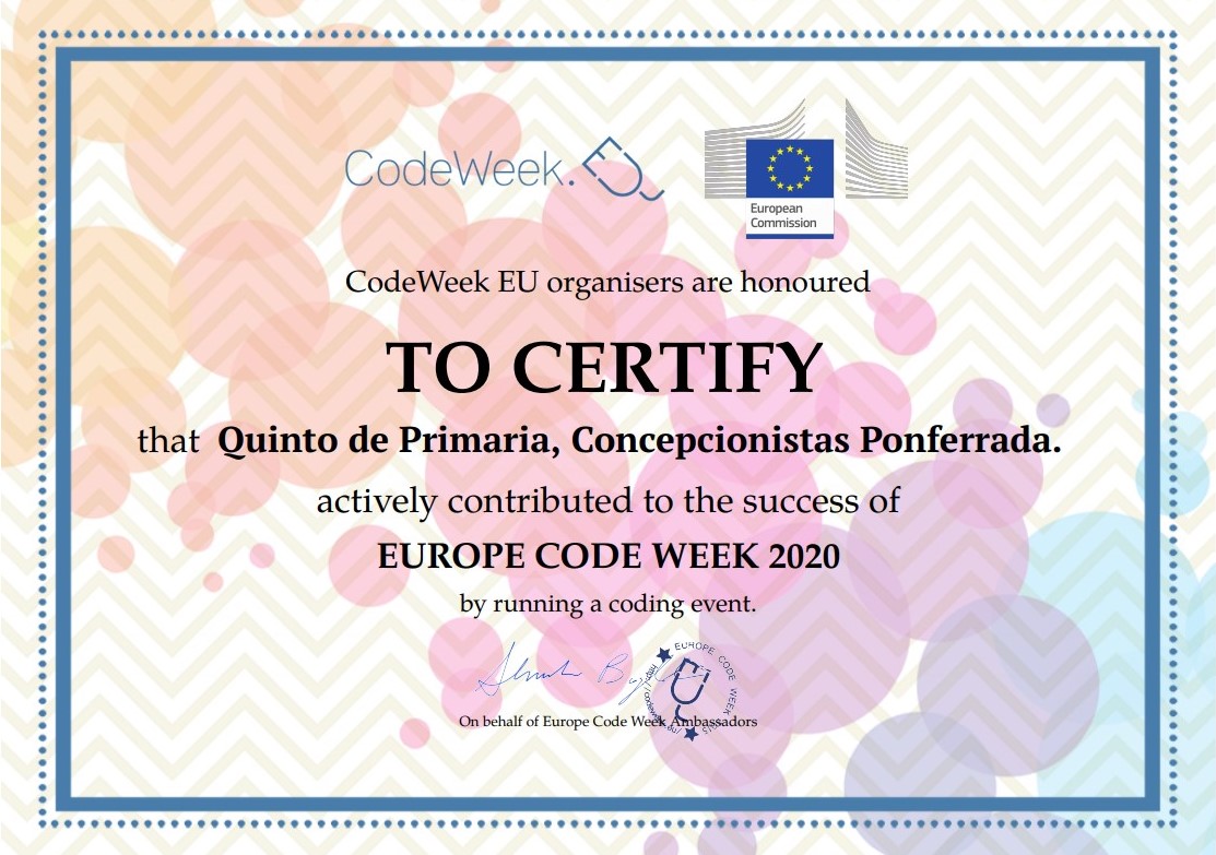 InmaculadaPonfe's tweet photo. Reconocimiento a nuestra participación en la Semana Europea de la Programación. El alumnado ha conseguido competencias esenciales de pensamiento computacional dando sus primeros pasos con @Scratch. La temática ha sido la salud. @CodeWeekEU #codeweek2020 @codeweek @CaMiNoPieFCiToS https://t.co/MIpRFsRNPu