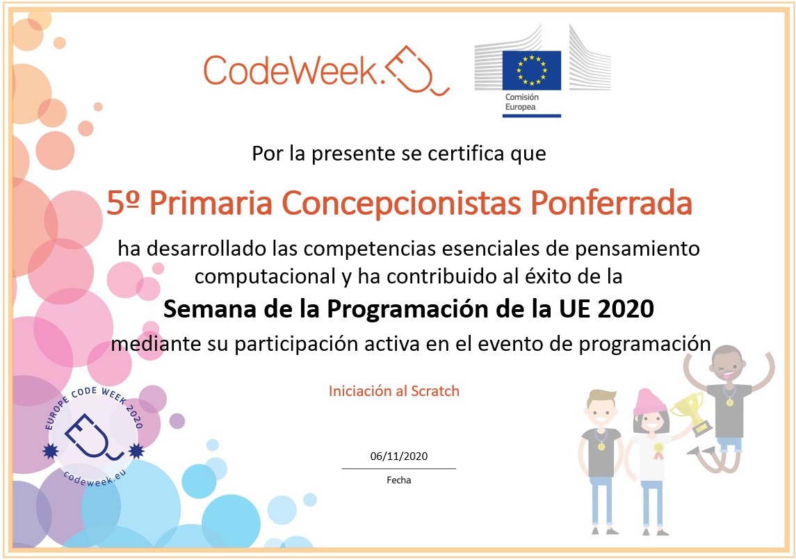 InmaculadaPonfe's tweet photo. Reconocimiento a nuestra participación en la Semana Europea de la Programación. El alumnado ha conseguido competencias esenciales de pensamiento computacional dando sus primeros pasos con @Scratch. La temática ha sido la salud. @CodeWeekEU #codeweek2020 @codeweek @CaMiNoPieFCiToS https://t.co/MIpRFsRNPu