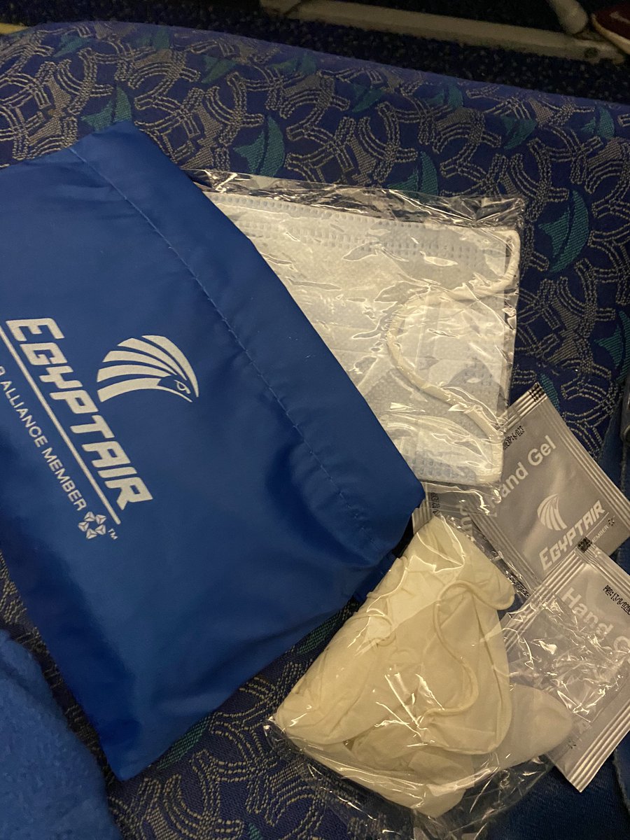 I flew  @EGYPTAIR as I wanted a direct flight.  @flyethiopian also has flights to Cairo. Inflight experience was great. Cabin Crew policed the wearing to masks and social distance. We had a package with 3 pairs latex gloves, 4 sachets of sanitizers and 3 masks.