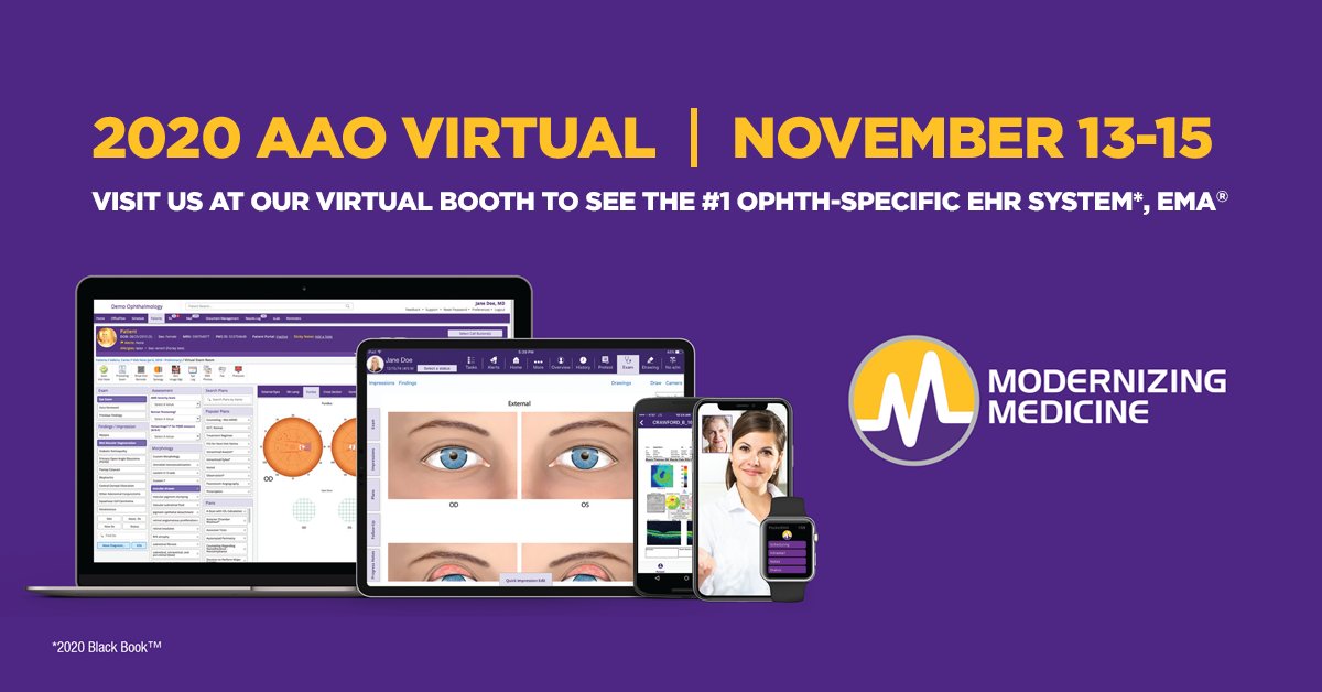 #AAO2020 Virtual continues. Stop by the Expo to see modmed® Ophthalmology in action and chat with one of our industry experts. bit.ly/3l3QWZp