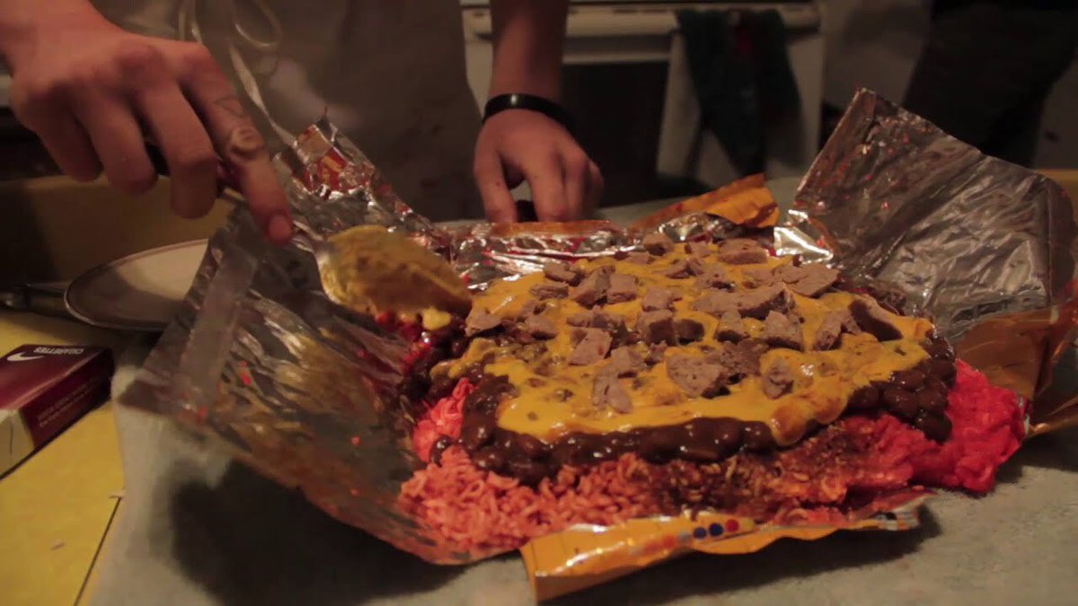 Whitetrashtony's tweet photo. -ramen noodles
-crushed up hot Cheetos 
-velveeta cheese
-chili and beans
-idk what meat https://t.co/qRwVjIia1t