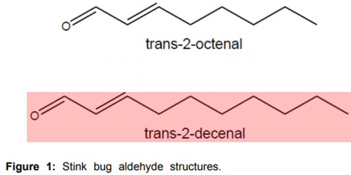 8/Recall from tweet #3 that Olivier de Serres said cilantro "smells like stinkbugs".He actually wasn't wrong. Stinkbugs, aka the insect Halyomorpha halys, release aldehydes to repel predators by scent.Which aldehyde do they release? Trans-2-decenal. https://pubmed.ncbi.nlm.nih.gov/27656692/ 