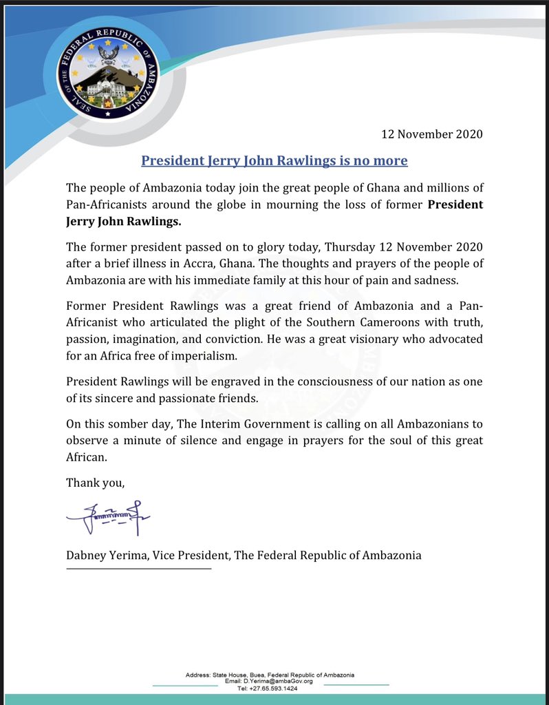 sisiku_ayuktabe's tweet photo. The transition of FLt JJ Rawlings to the world beyond is a huge loss to his family, #Ghana &amp;  #SouthernCameroons/#Ambazonia &amp; Africa. We've lost an ally! We lost an advocate. His exit leaves us with a vacuum. We extend our hearthfelt condolences to his family. RIP @officeofJJR https://t.co/f5zTciiQtl