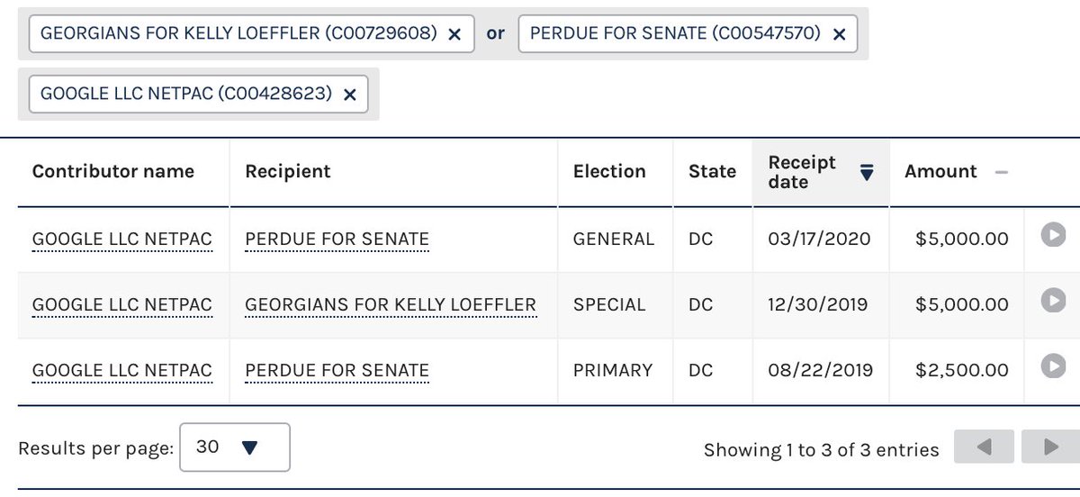FEC receipt showing Google donations to David Perdue and Kelly Loeffler in the Georgia senate elections