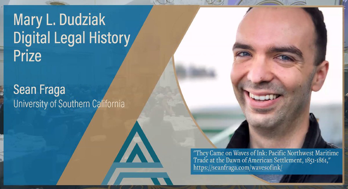 ASLHtweets's tweet photo. Prof. @david_tanenhaus has just announced the winner of the #ASLH Mary L. Dudziak Digital Legal History Prize: Sean Fraga, for "Waves of Ink": https://t.co/WCxTsXEJmP cc: @marydudziak https://t.co/ZKSmrw3PtO