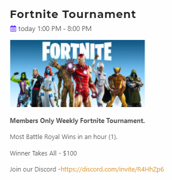 ROMeSports's tweet photo. 1pm -8pm today is our Fortnite Weekly Tournament!! MEMBERS ONLY! Winner takes all: $100.

Join our League now! Link in bio.

#fortnite #fortniteclips #njgamers #newjersey #NJeSports #monmouthcounty #tourney https://t.co/4mI5t2o5fR