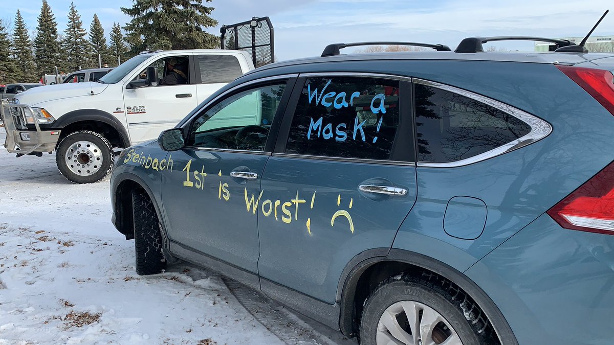 Not all in attendance are in support of the rally. This person has decorated their car with a message to wear a mask. She says RCMP on site asked her to leave.  @ctvwinnipeg