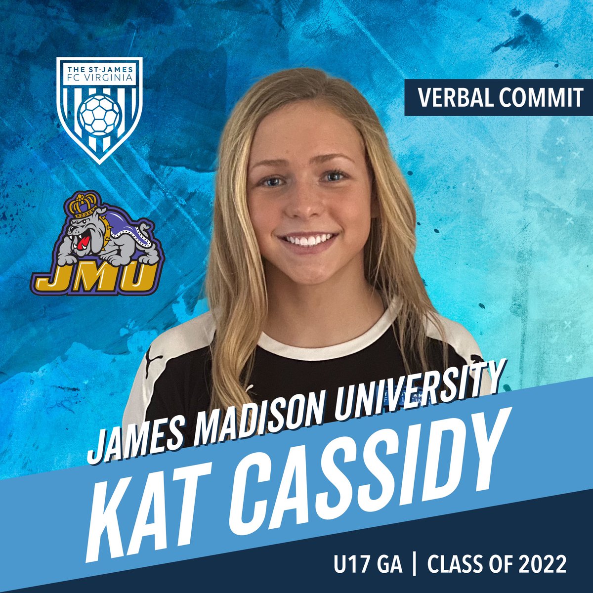TheStJamesFC's tweet photo. 🚨COMMIT ALERT🚨 Special congrats to #FCV #GirlsGA player Kat Cassidy who just announced her verbal commitment to @JMUWSoccer 

Kat has played for @TSJ_FCVirginia for many years.👏We’re so proud of you Kat!

#FCVAxTSJ @thestjames @GAcademyLeague https://t.co/p1qWBZNfU5