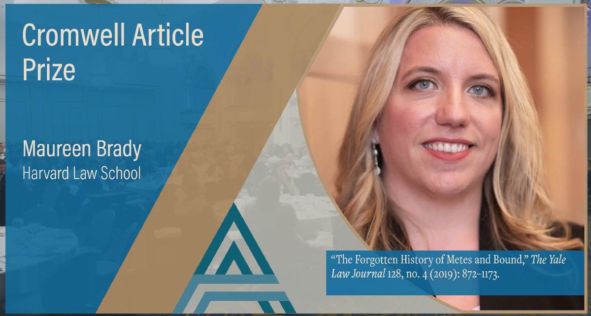 ASLHtweets's tweet photo. Congratulations to Prof. Maureen Brady (@mollyxbrady), winner of the #ASLH2020 Cromwell Article Prize for "The Forgotten History of Metes and Bounds," Yale Law Journal (2019): https://t.co/g0fyDKesrn https://t.co/qEKe2uFXGZ