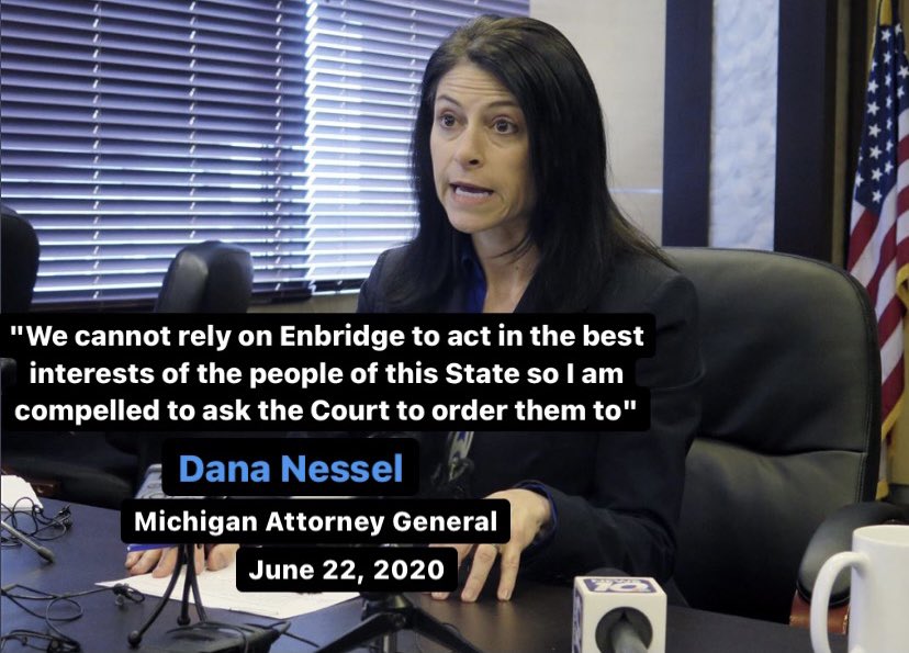 After damage is discovered on Enbridge's Line 5 pipeline and the company is acting uncooperative & hostile towards gov't intervention, evening restarting part of the pipeline system before a full investigation, Gov. Whitmer's AG takes action in court to suspend Line 5's operation