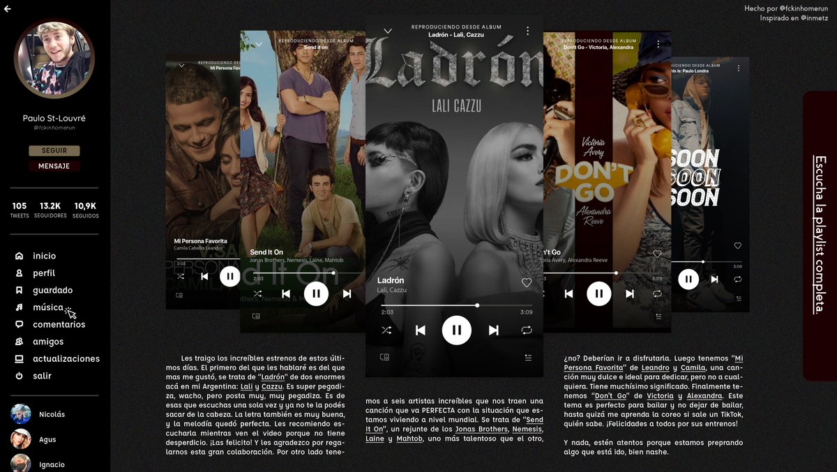 fckinhomerun's tweet photo. 𝘔𝘪 𝘗𝘭𝘢𝘺𝘭𝘪𝘴𝘵.
↳ Hoy les traigo unas increíbles recomendaciones musicales de mis compañeros de
@spotifyrp y @TYDAL_RP. Pueden encontrarlos en mis playlists, ¡imperdibles!
#ShineYourLight #LadronLaliFtCazzuRP #DontGoAxV #MiPersonaFavByCamilaxLeandro https://t.co/ZRuR7HYZ8V