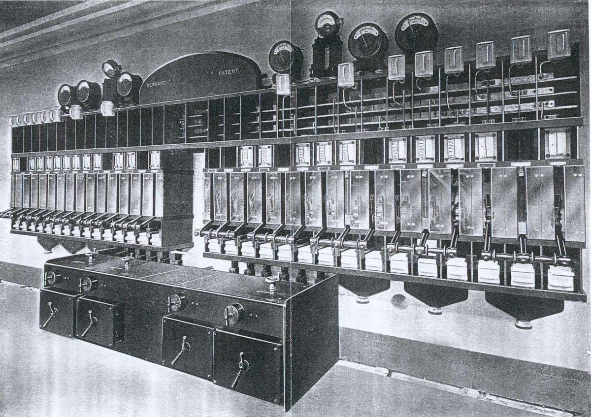 Ferranti was the first to attend to this problem, and led the way in the 1890s. He was the first to employ mineral oil in switch contacts to try to quench the electric arc. Here is one of his switchboards in service at Bankside Power Station, 1895 [3/26]