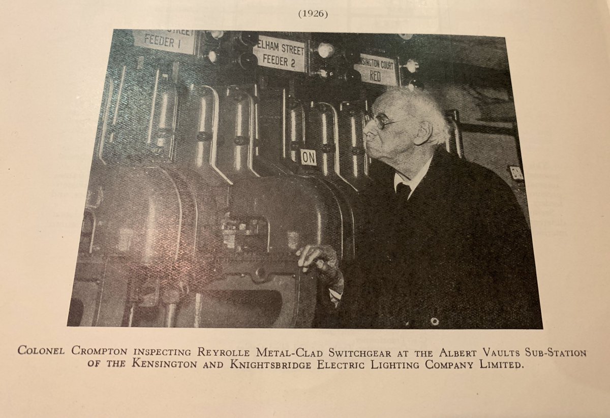 Another of my heroes, Colonel REB Crompton, inspects Reyrolle C gear at the Albert Vaults substation in 1926. This is under the Royal Albert Hall. This network supplied the museums estate and  @imperialcollege  @OtherProfGreen  [24/26]